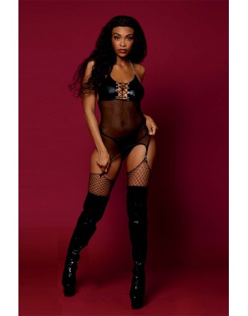 nuisette en résille noire et porte jarretelles, lingerie fétichiste de dreamgirl lingerie