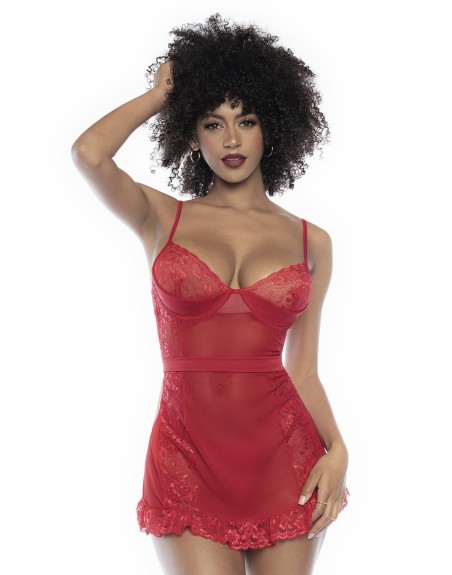 Nuisette en dentelle et résille rouge avec string assorti - MAL7507RED