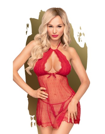 babydoll rouge penthouse avec dentelle noire et résille transparente avec string inclus