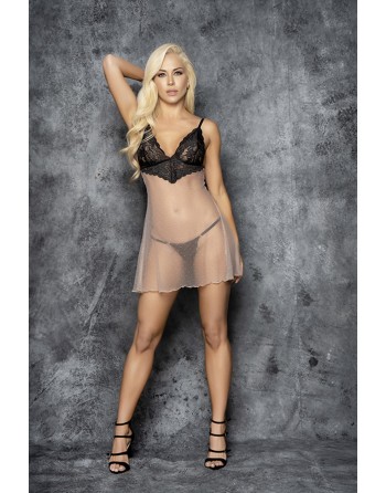 babydoll en fine résille noire avec dentelle noire sur la poitrine de la marque mapalé lingerie.