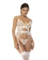 bustier avec porte jarretelles intégré et string en résille brodé blanche