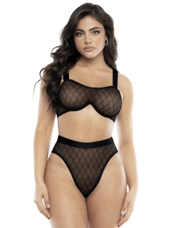 soutiengorge sexy résille transparente noire et culotte taille haute.