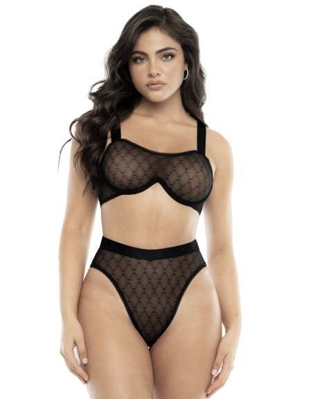 soutiengorge sexy résille transparente noire et culotte taille haute.