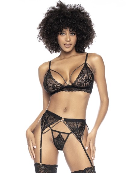 parure lingerie sexy de trois pièces, top triangle, jarretelles et string.