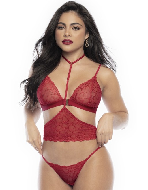 parure lingerie sexy rouge imprimé de cœurs en dentelle de votre mapalé.