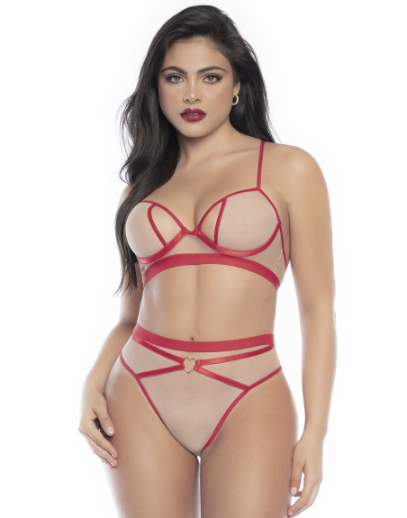 parure de lingerie sexy de 2 pièces avec soutiengorge chair et rouge et culotte