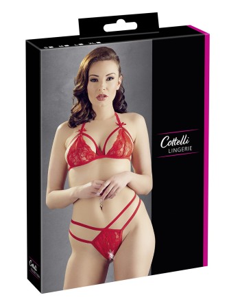 soutiengorge en dentelle rouge et son string ouvert de la collection cottelli.