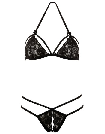 soutiengorge en dentelle noire et son string ouvert de la collection cottelli.