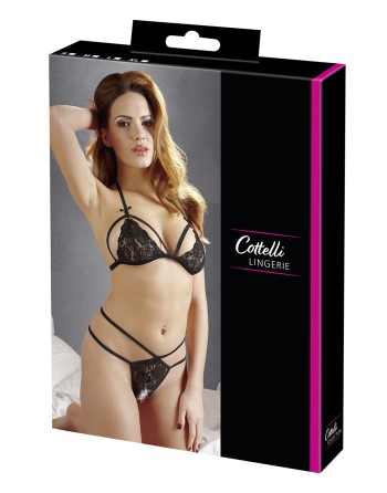 soutiengorge en dentelle noire et son string ouvert de la collection cottelli.