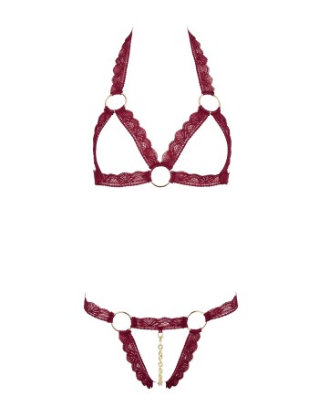 soutiengorge seins ouvert avec des bandes dentelle élastique et string assorti de la collection cottelli.