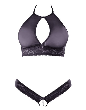 soutiengorge bandeau en résille et dentelle florale et son string noir ouvert de la collection cottelli.