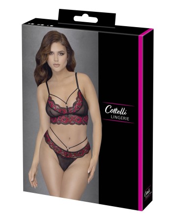 soutiengorge en dentelle rouge et noire et son string assorti de votre collection cottelli lingerie sexy.