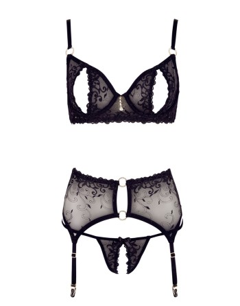 soutiengorge dentelle noire, portejarretelle et string de la collection cottelli.