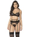 soutiengorge avec portejarretelles et string en résille noire de la collection mapalé lingerie.