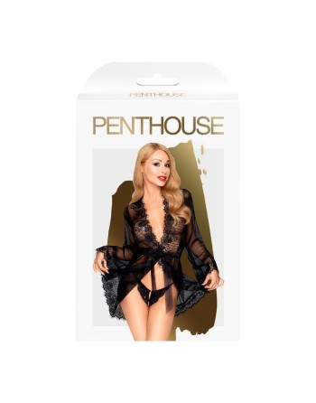 peignoir noir et fine résille et dentelle de la collection lingerie sexy penthouse. 