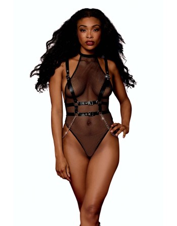 body noir et harnais cuir de la collection lingerie bdsm de chez dreamgirl