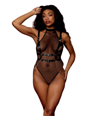 body noir et harnais cuir de la collection lingerie bdsm de chez dreamgirl