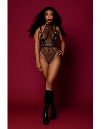 body noir et harnais cuir de la collection lingerie bdsm de chez dreamgirl