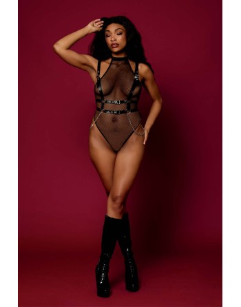 body noir et harnais cuir de la collection lingerie bdsm de chez dreamgirl