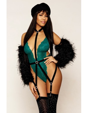 body sexy vert en dentelle avec harnais noir ajustable de dreamgirl collection