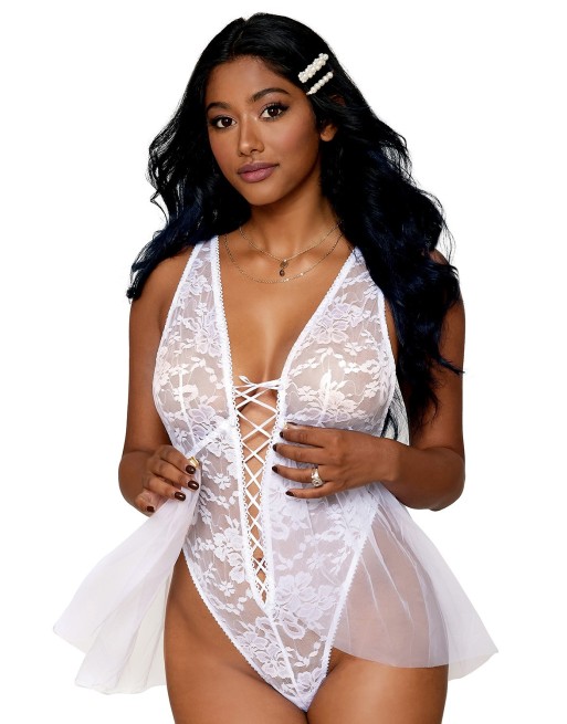 body sexy blanc avec tulle en résille de chez dreamgirl lingerie sexy