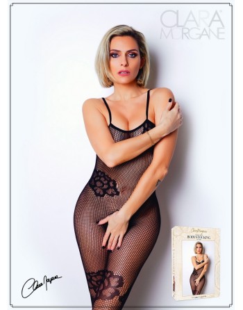 bodystocking noir sexy avec fine bretelles, ouvert à l'entrejambe