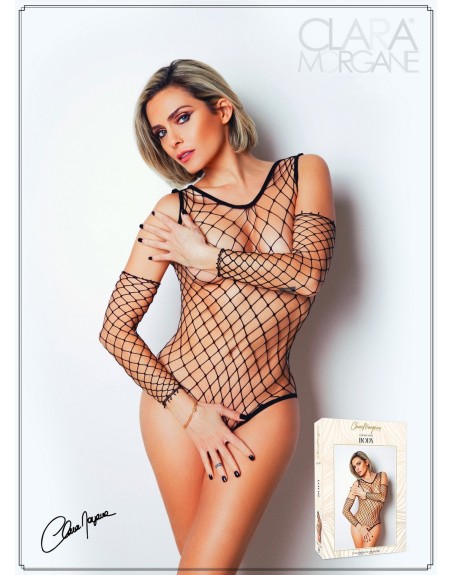 body noire en fine résille avec paires de guêtres de clara morgane