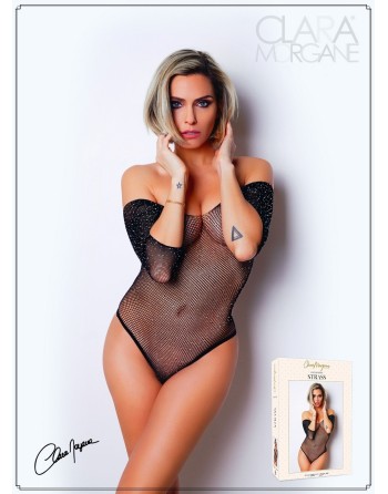 body sexy noir avec manches 3/4 et large décollecté de clara morgane