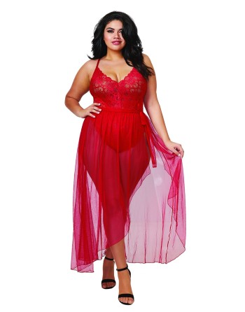  lingerie dreamgirl : body string grande taille rouge échancré et jupe transparente