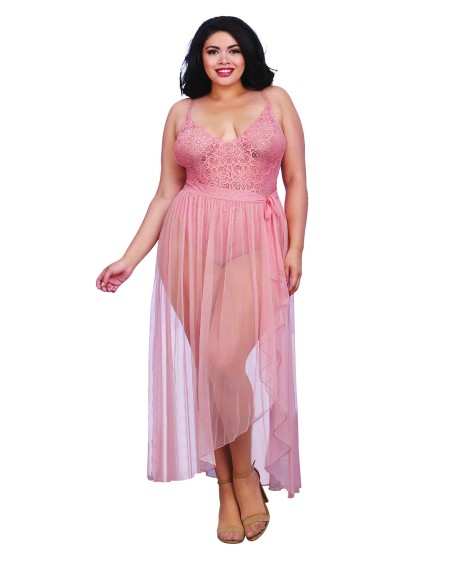  lingerie dreamgirl : body string grande taille rose vintage échancré et jupe transparente