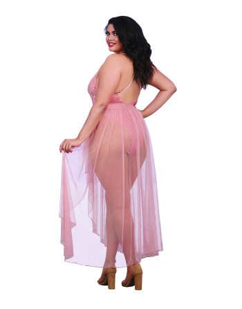  lingerie dreamgirl : body string grande taille rose vintage échancré et jupe transparente