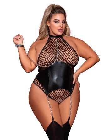 body grande taille, large résille et porte jarretelle simili cuir avec chainettes intégrées