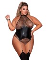 body grande taille, large résille et porte jarretelle simili cuir avec chainettes intégrées