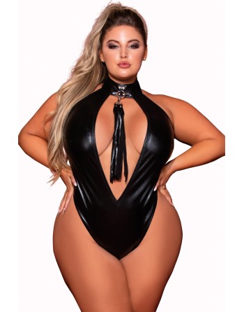 body, grande taille, en simili cuir extensible avec col clouté et fouet de la collection dreamgirl