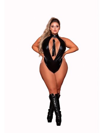 body, grande taille, en simili cuir extensible avec col clouté et fouet de la collection dreamgirl