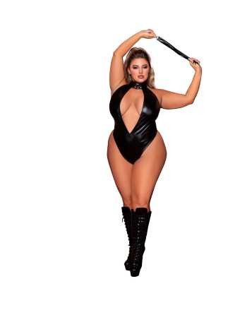 body, grande taille, en simili cuir extensible avec col clouté et fouet de la collection dreamgirl