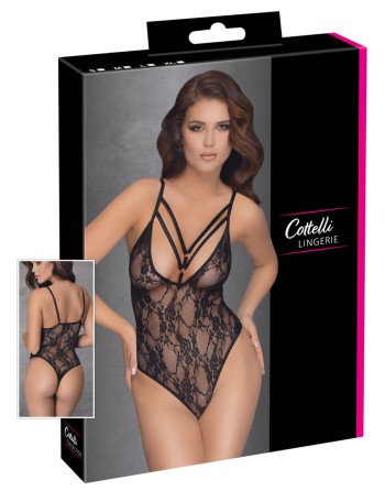 body en dentelle noire avec sangles croisée sur le décollecté de la collection cottelli.