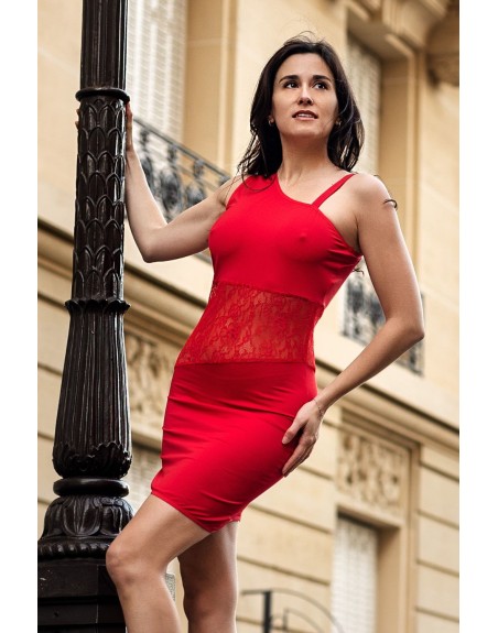 robe rouge avec col asymétrique paola collection be lily