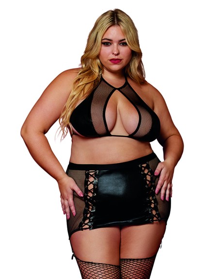 Soutien gorge et jupe porte jarretelles grande taille en résille et simili cuir - DG13290XBLK