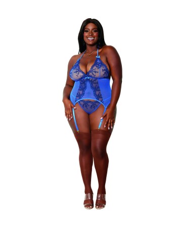 Ensemble 2 pièces grande taille bleu bustier porte jarretelles et string - DG12957XPER