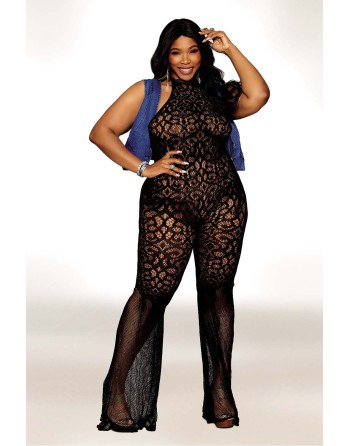 bodystocking noir, grande taille, en résille année 1970 de dreamgirl lingerie