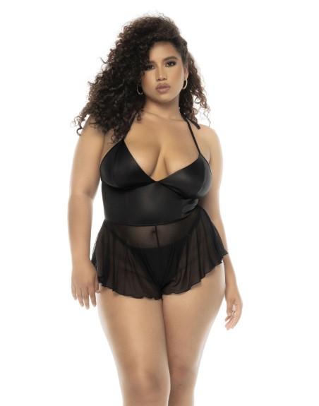 nuisette noire, grande taille en tissu mouillé et résille de mapalé lingerie