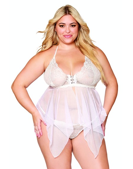 Babydoll et string grande taille en résille et dentelle blanche - DG13314WHT