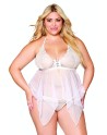 Babydoll et string grande taille en résille et dentelle blanche - DG13314WHT