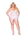 Babydoll et string grande taille en résille et dentelle blanche - DG13314WHT