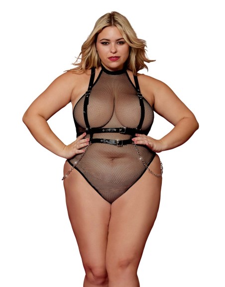 body noir et harnais cuir de la collection lingerie bdsm de chez dreamgirl