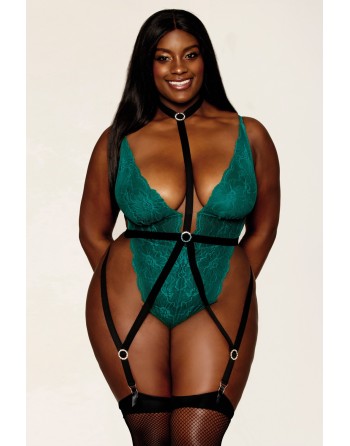 body sexy grande taille en dentelle avec harnais noir ajustable de dreamgirl collection