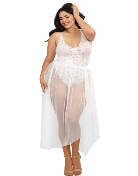  lingerie dreamgirl : body string blanc grande taille échancré et jupe transparente