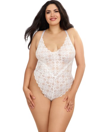  lingerie dreamgirl : body string blanc grande taille échancré et jupe transparente