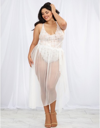  lingerie dreamgirl : body string blanc grande taille échancré et jupe transparente